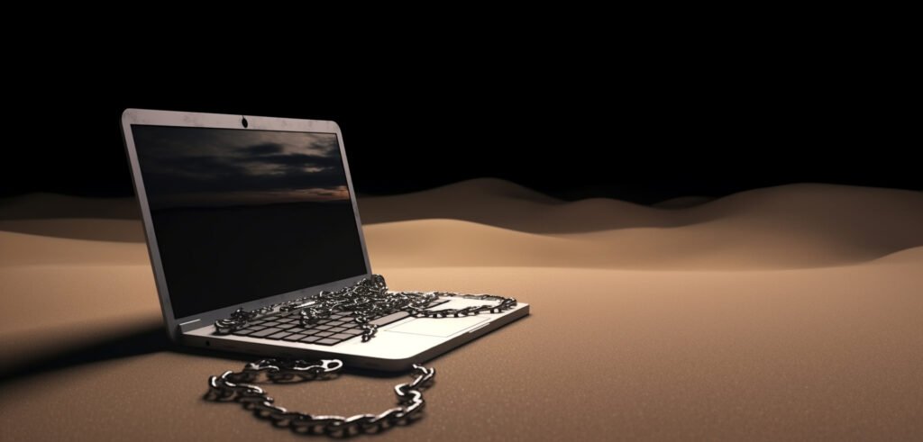 Bank icon Chained laptop on mountain background AI Generative عربيّةكوم Arrabiacom